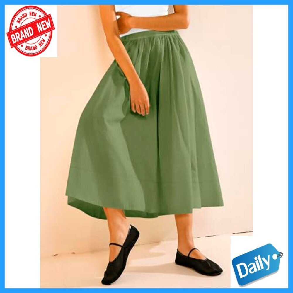 Women's A-Line Midi Skirt Elastic Waist Flowy Swing Pleated with Pocket - Picture 3 of 7